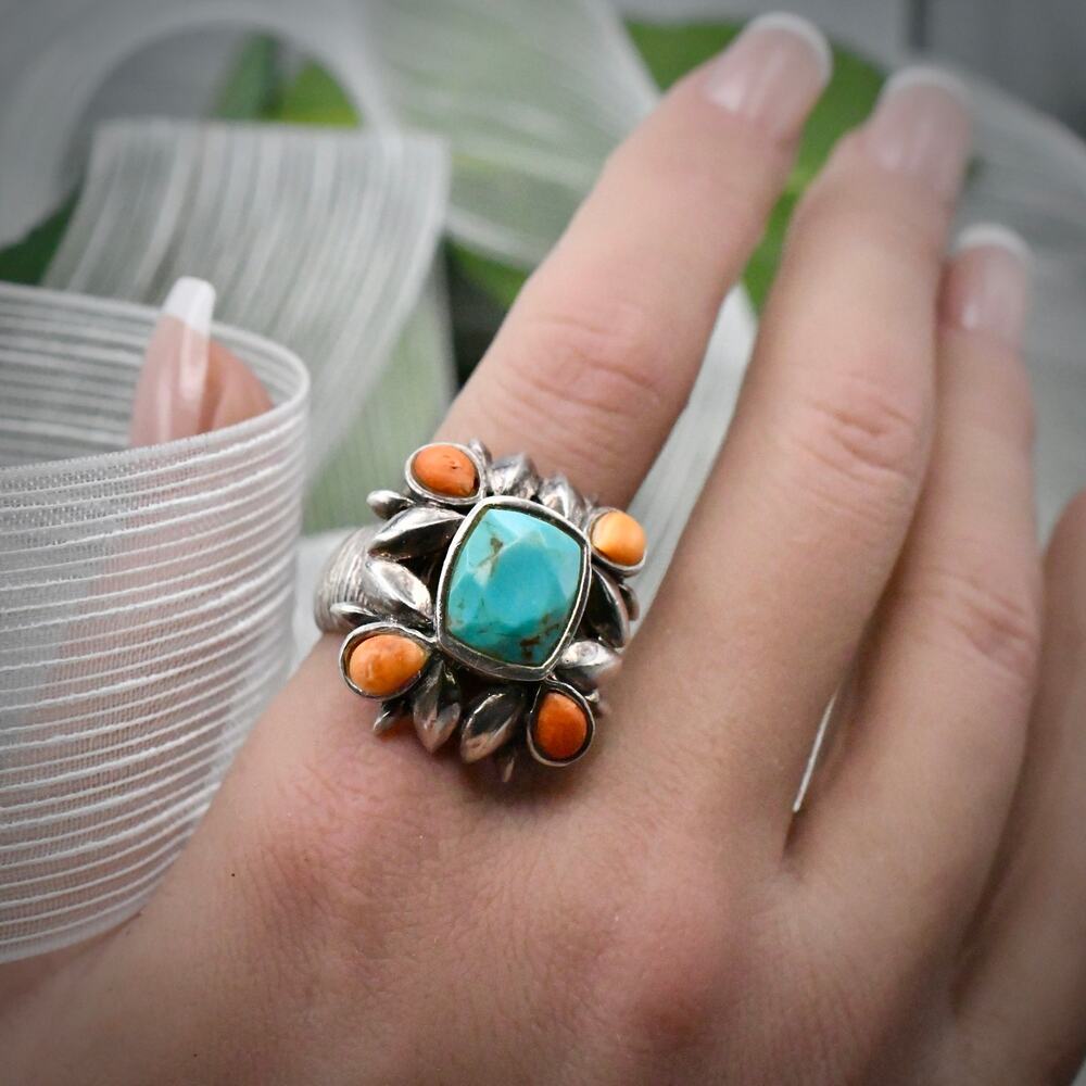 Vintage Studio Barse 925 Sterling Silver Turquoise Coral Statement Ring 18.85g